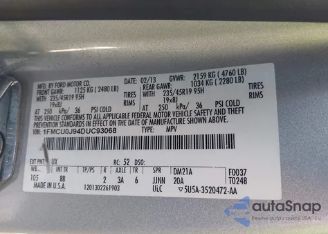 2013 Ford Escape Titanium z USA, uszkodzony, nr VIN 1FMCU0J94DUC93068